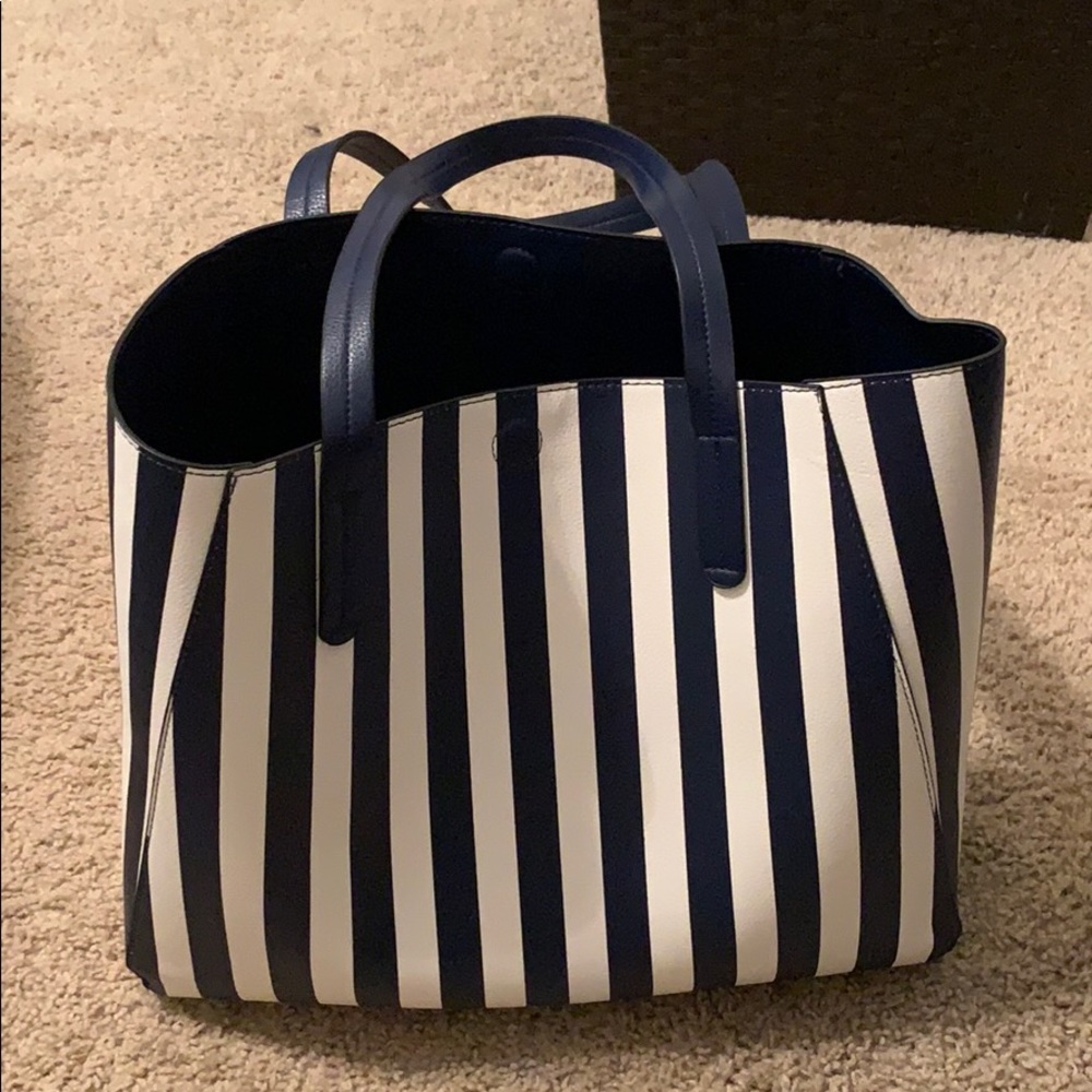 Blue and white striped tote